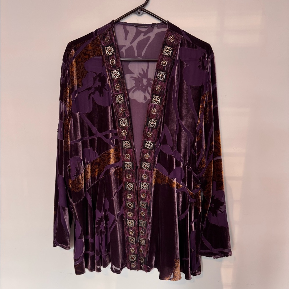 Purple Velvet Kimono with Embellished Trim, Gold highlights